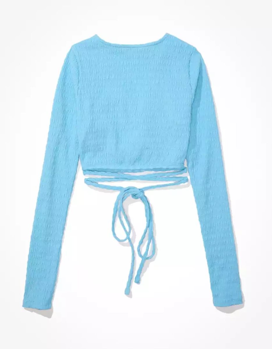 Chemises American Eagle AE Long-Sleeve Smocked Wrap Blouse Bleu Femme | BSD-45357238